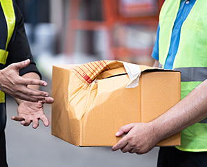 worker holding crushed box