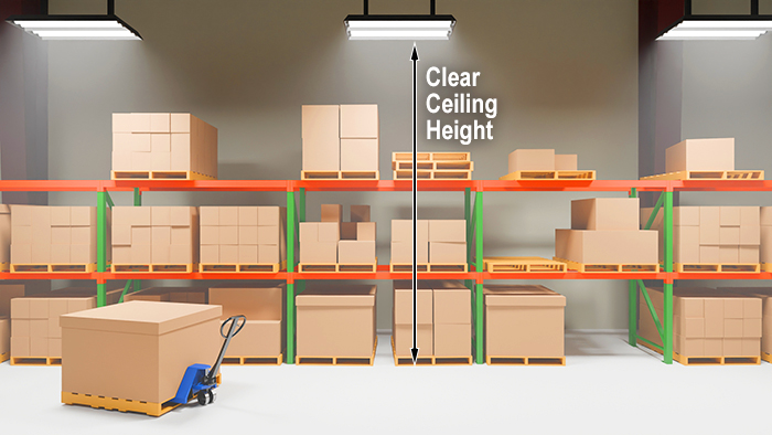 Clear ceiling height in a warehouse describes the distance from the floor to the bottom of the lowest hanging ceiling obstruction.