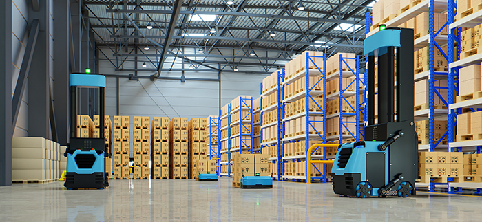driverless forklift concept in a warehouse.