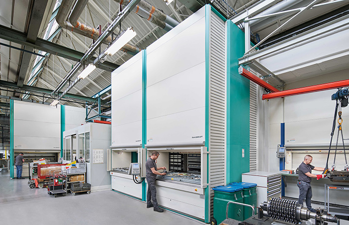 A typical warehouse carousel system in action