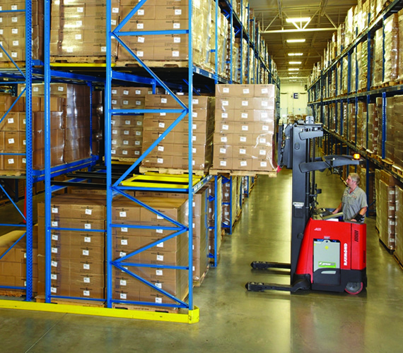 Side view of pushback pallet rack system