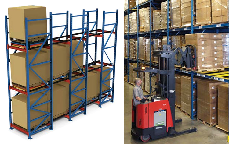 rendering and photo of a pushback rack system